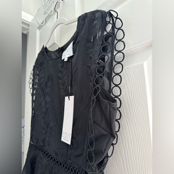 E D I T Black Embroidered Ruffled Coctail Dress Size 14 - Picture 3 of 9